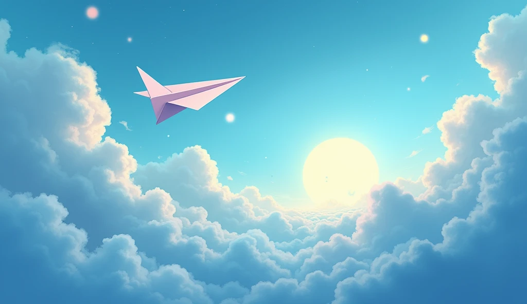 An ultra-high-resolution animated illustration depicting a sky with a rising moon and a big paper airplane flying over blue clouds, viewed from above, displayed on a very wide screen.