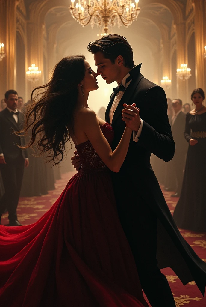 vampire ball, young vampire and human youngwoman dancing in agressive way, they are passionate