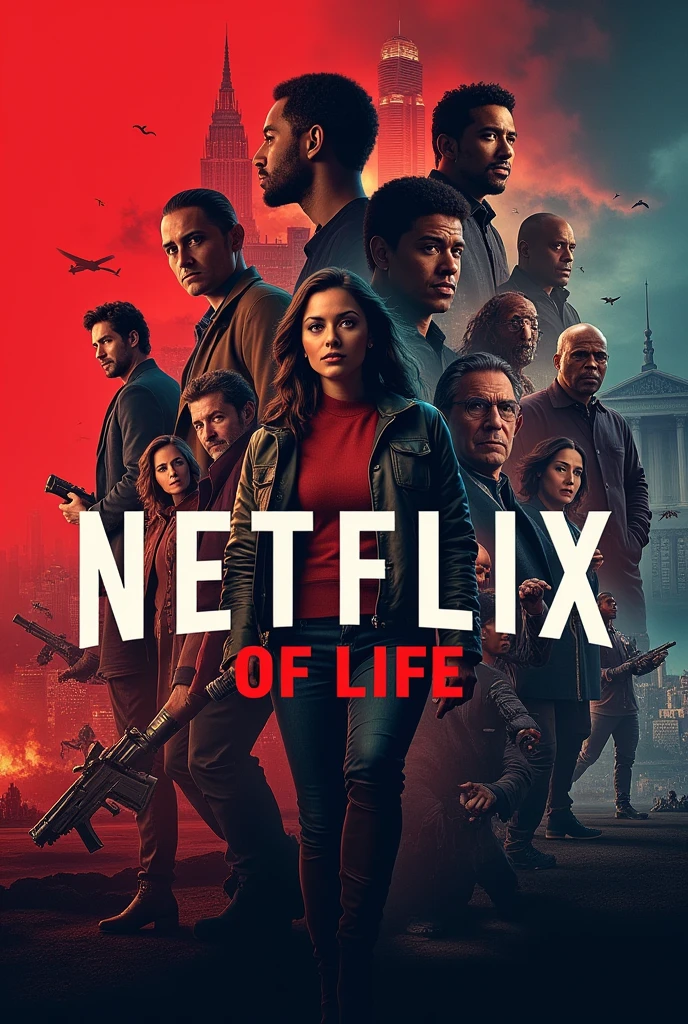 Create an image for a cover, where there are Netflix movie posters, with the main title "Netflix of life" in the same font as Netflix itself
