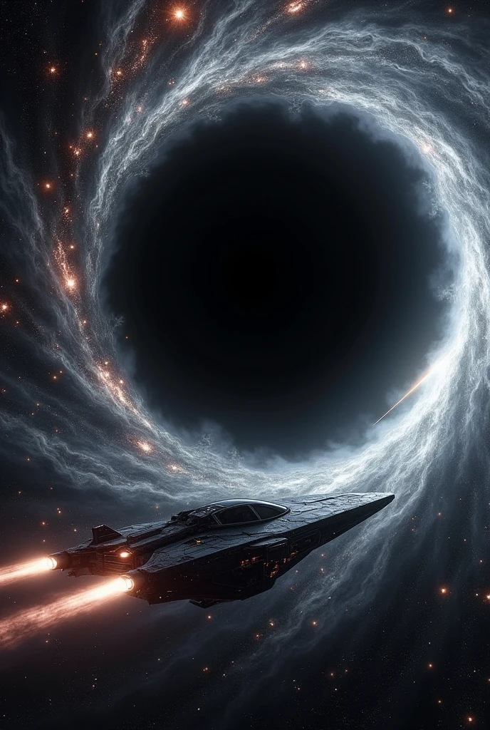 create an image with a ship near a black hole