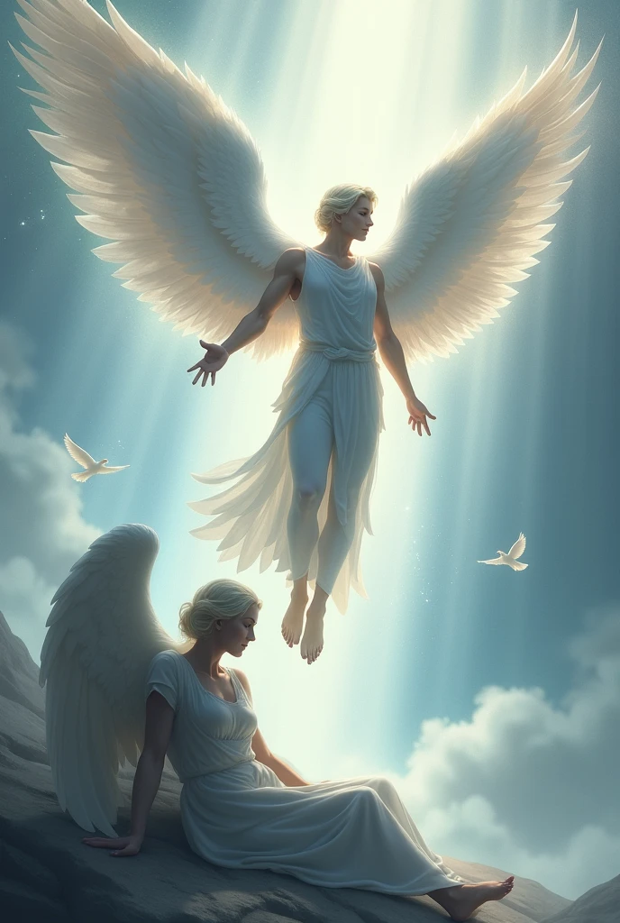 A man with the wings of an angel and the angel on the floor
