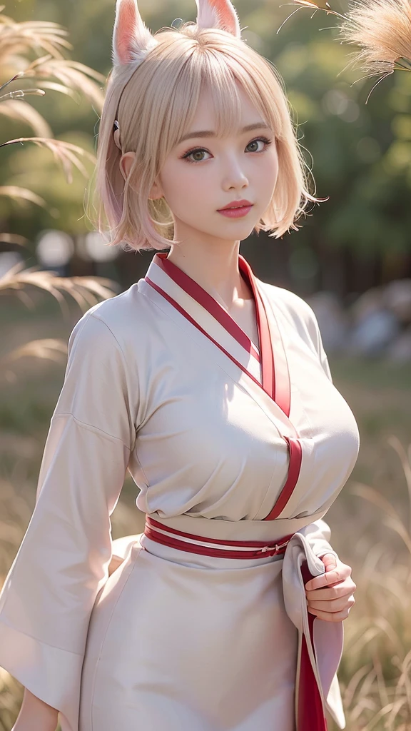 (Ultra high definition,Very sophisticated,Perfect Face, is 16,ghest quality,Realistic raw texture,Realistic,Natural smile,Pink platinum blonde,Sexy hairstyle:1.5),(Slender and exquisite physique,Stylish thin eyebrows,Big Breasts:1.2),(see through,Japanese clothing,Hanbok,Chinese clothing,Traditional Kimono,Short-haired rabbit ears,I can see your chest:1.4),(perfect body,perfect proportion,The torso is short,Red full moon and silver grass background,Time: Night:1.3),