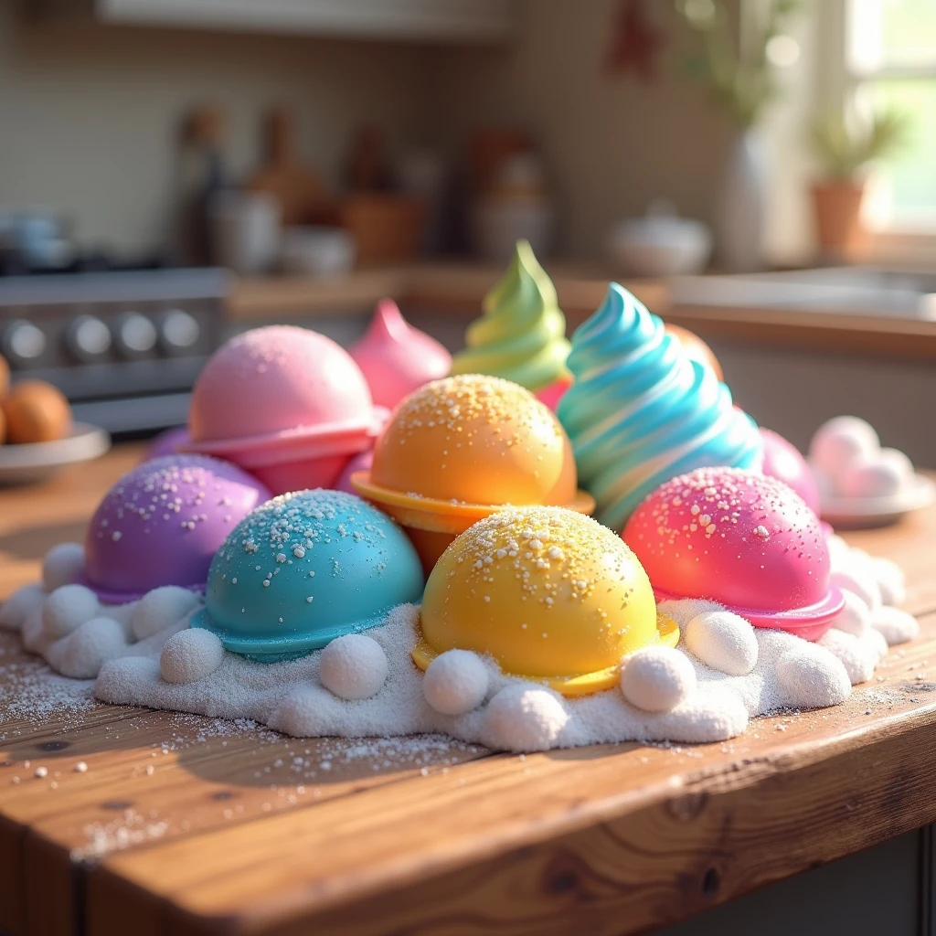 Colorful ice cream and snow balls on realistic kitchen table