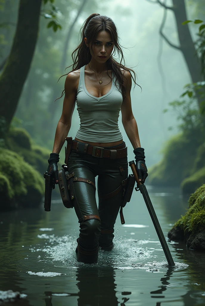 lara croft full body, aged 50, long brown ponytail, eyes browns, high and arched eyebrows, Red lips, big chest leather pants, ripped sleeveless t-shirt filter, ((coudre com pistola, a 9mm pistol in hand pointing at the screen, a sword)) deep jungle leather boots, (realisitic,photorealisitic, photo-realisitic:1.37),horor, dark and gloomy atmosphere with dramatic lighting, bright coloured, foggy surroundings, the trees, covered in moss, detailed facial expression, long wavy hair floats in the water, Reflections on the surface of the water, strange teeth(( perfect hands))