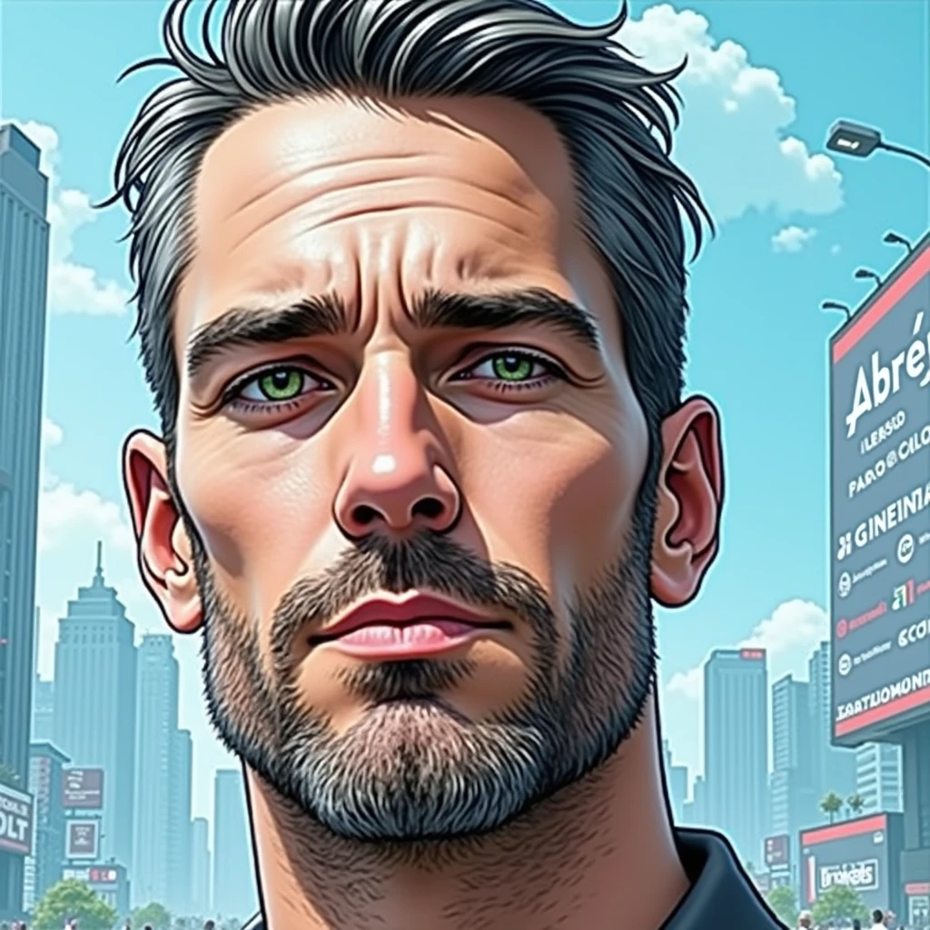 I would like to see the image of a cultured man, of excellent appearance, physical build of an athlete wearing dark pants and a polo shirt, greeneyes, gray hair and beard. In this image I would like to see billboards with the names of the following companies: HABITAX , ABREU , CEO , INTERPROJ , CYRELA , ECOCIL , Brokers . I want an image with the atmosphere of a large capital city. , with people in the background , A blue sky , and lots of sun .