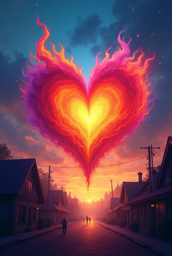 A cover that features a heart in the center, ablaze with the colors of the rainbow. The background is a small town in silhouette, standing out against the colored flames.