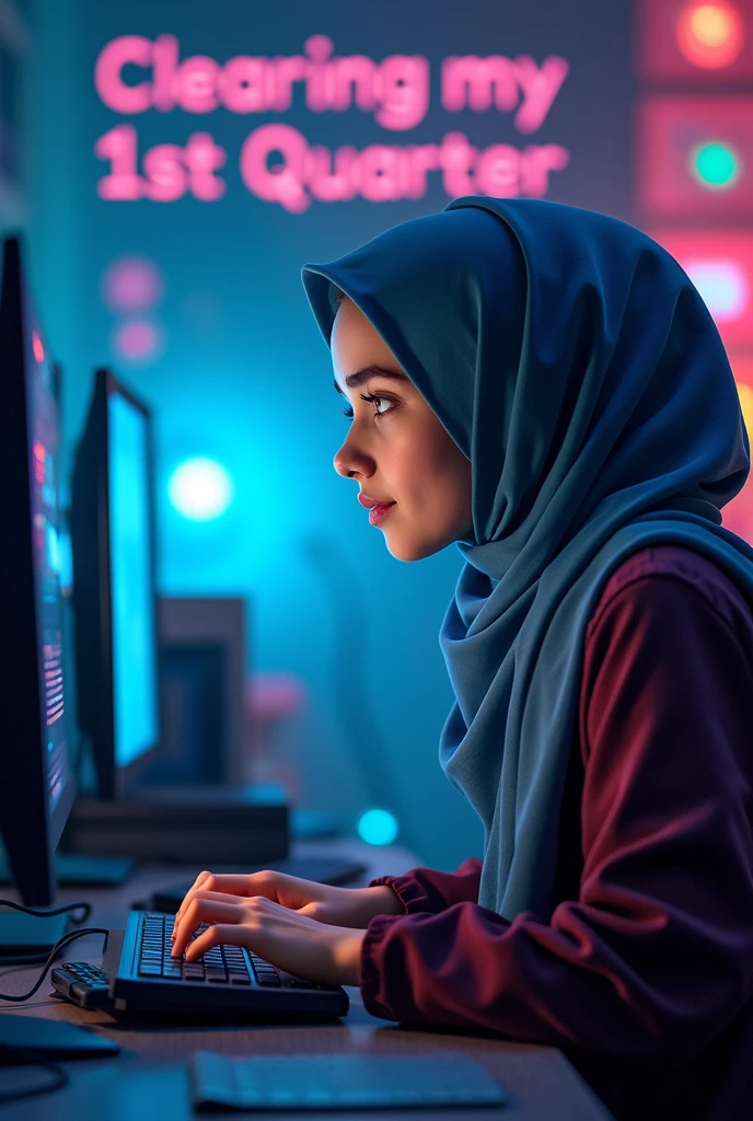 Generate me apic of girl with hijab background theme is computer n text of clearing my Ist quarter with colors full pic 
In background Ist quarter complete writes

Another one pic