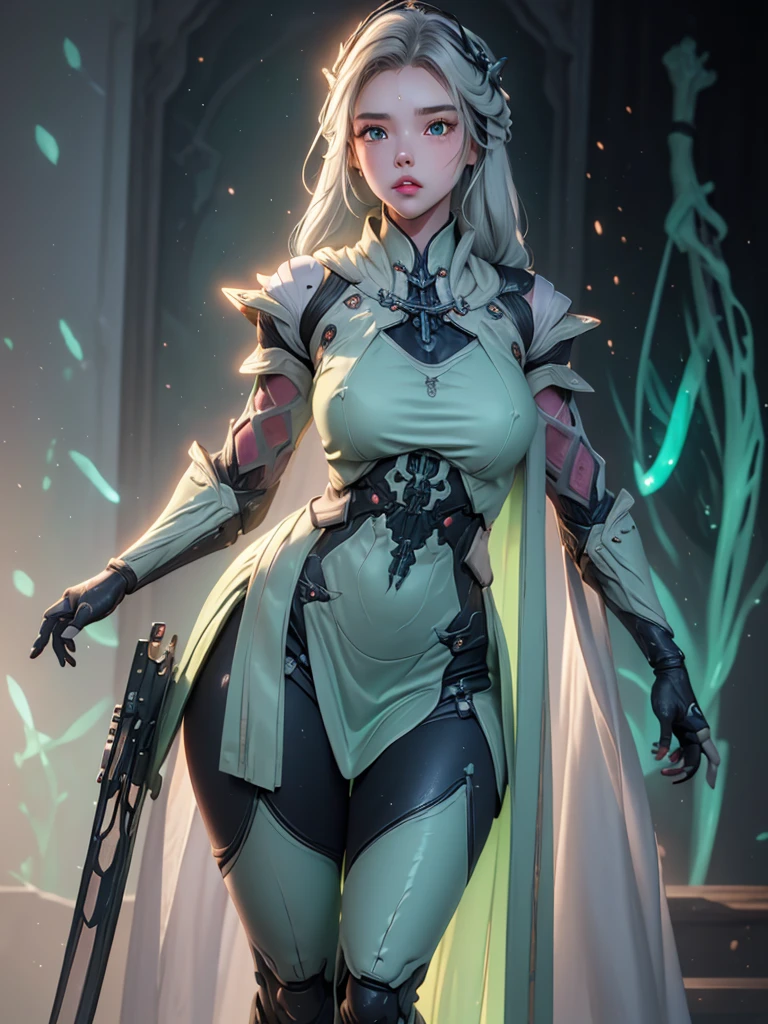 (masterpiece, top quality, best quality, official art, beautiful and aesthetic:1.2), full body view, detailed background, orokin background, warframe, depth of field, wide angle view,
Action pose, action scene, gun in hand, armed, shooting, in combat, fighting,
Wisp outfit, human face, (color:(white, grey, black, nean green, neon blue, bronxe metal)), showing some skin, tiny healed scars, toned, sea green translucent parts, glowing sea green neon parts, glowing green emission, floating in air,
Beautiful young girl, human face, pretty, pale, long flowing white hair, seaweed green inner hair, dense hair, bangs, detailed hair, cute oval face, detailed eyes, perfect eyes, sea green eyes, glowing eyes, sweaty, shiny skin, detailed skin, slightly flushed cheeks, full lips, slightly parted lips, sexy lips, kind,
Tall, lean, fit, curvy, athletic, cyborg, mechanical parts, thick thighs, detailed legs, perfect legs, detailed arms, perfect arms, detailed hands,
Sfw
