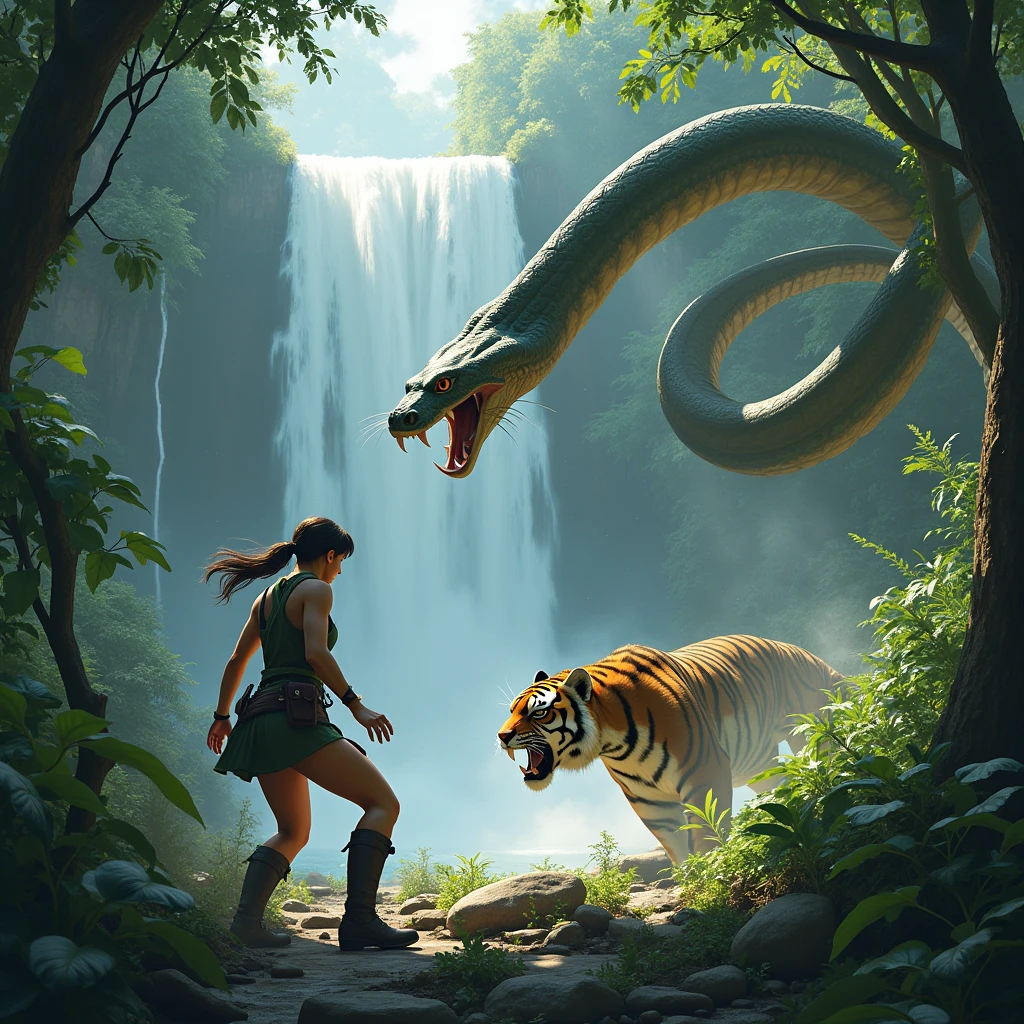 jungle waterfall、A female ranger desperately tries to escape while a giant snake and a tiger fight、Dungeons＆Dragons