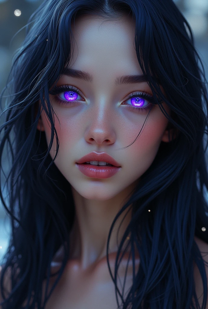 a girl of incredible beauty, of divine forms, a myth among his people. teeth shining like pearls, her face a soft oval of delicate but absolute perfection; Long, shiny eyelashes and marble-smooth skin, tinged with a pale amber shimmer. black hair to the point of radiating blue highlights with big violet eyes