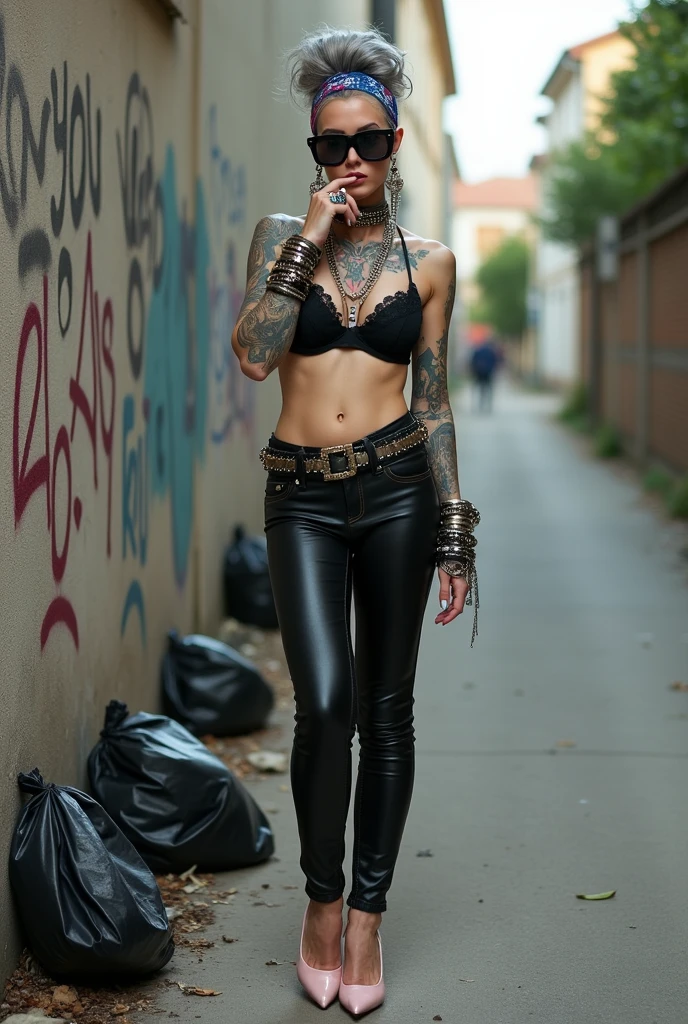 russian milf woman, grey hair (bouffant, top bun) and oversized square sunglasses and wide colourful bandana as headband, with very light green eyes, extremely pale. Big lips. Black lace push up bra, silicone breast,, tight skinny black low rise leather jeans. Light pink high heel mules. Lots of thick wide studded bracelets, chain necklaces and big rings,. Two loose studded belts. Long earrings with chains and feathers. Back against a wall, separated legs, sucks a thumb and touches her necklaces with the other hand. Chin down in shame, looking down at the ground, Neck, chest, stomach and wrists heavily tattoed. Toned abdominals, thin neck, slim legs and thin arms. Narrow hips. Full body. At a dead end street with graffitied walls, ground littered with waste and black plastic garbage bags. Full body, frontal view