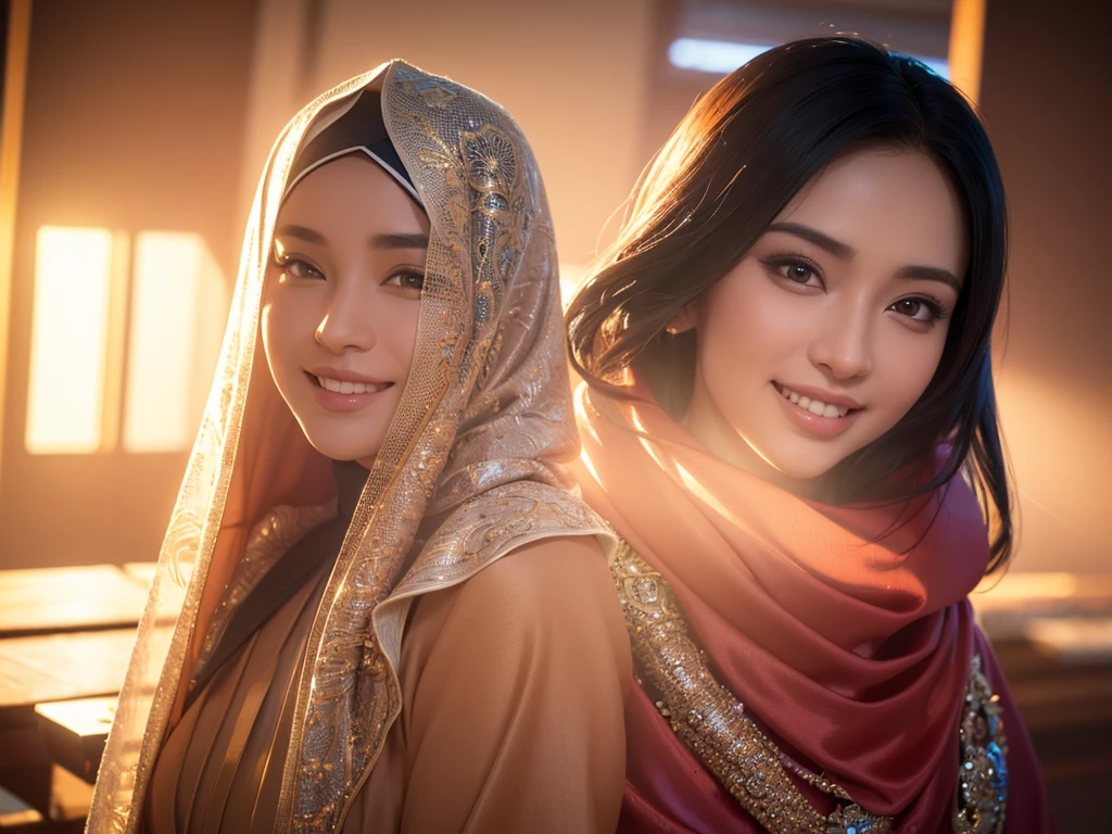 a gorgeous 4 Indonesian woman, 1girl, silk abaya, in hijab, smiling, shy, opened mouth, visible teeth, hot mom, full body portrait, (best quality,4k,8k,highres,masterpiece:1.2),ultra-detailed,(realistic,photorealistic,photo-realistic:1.37),HDR,UHD,studio lighting,ultra-fine painting,sharp focus,physically-based rendering,extreme detail description,professional,vivid colors,bokeh,portraits,warm color tones,dramatic lighting