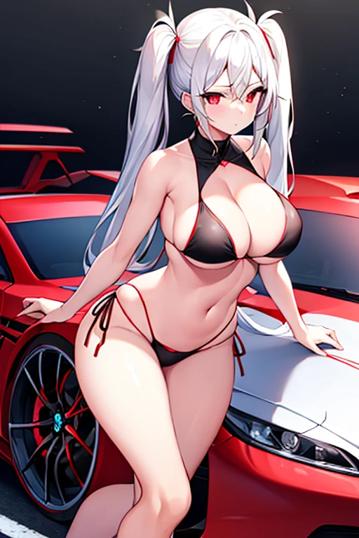 1girl, large breasts, wide hips, white hair, long hair, red eyes, serious, twintails, bikini, black bikini, v-string, shoes, sneakers, neon, neon trim, ((neon trim)), race queen, car, sport car, sports car