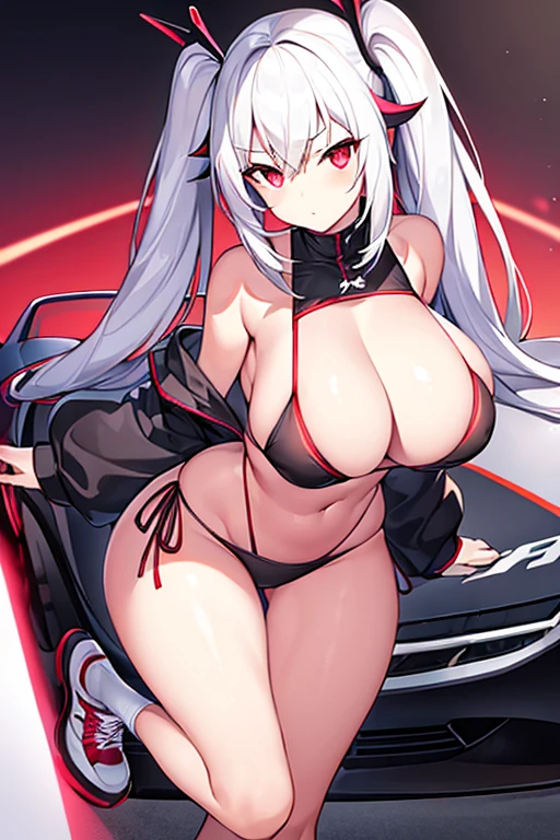 1girl, large breasts, wide hips, white hair, long hair, red eyes, serious, twintails, bikini, black bikini, v-string, shoes, sneakers, neon, neon trim, ((neon trim)), race queen, car, sport car, sports car