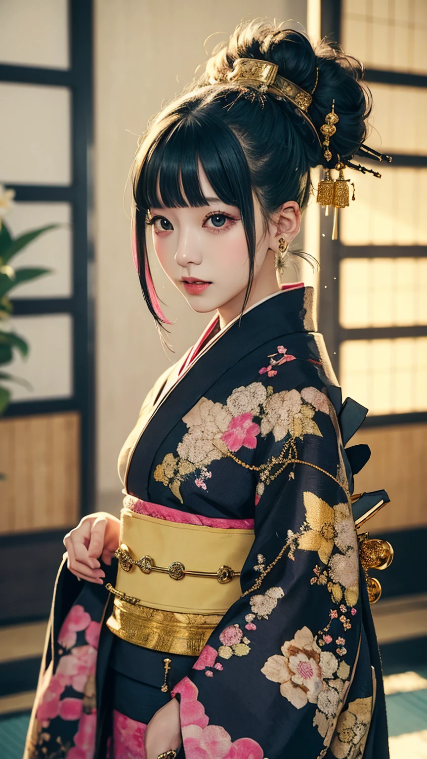 masterpiece, Highest quality, A solemn Japanese-style room with tatami mats, A large photograph of a woman from head to waist, Face from an angle, Chain-themed accessories, (Punk rock kimono, black地に赤+gold:1.3), (black+passion pink hair color, Mid-length hair, Bun Hair), (blackい瞳, Sparkling eyes), (Lots of eyelashes)