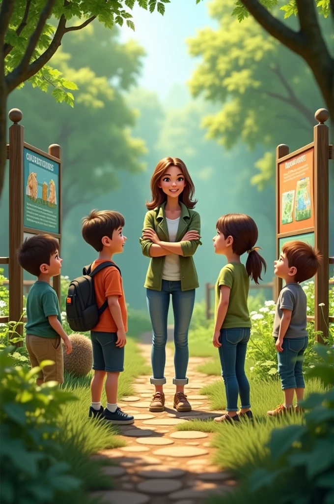 environmental education: An outdoor classroom where a teacher teaches a group of children about the importance of natural resources, with signs about recycling and conservation around.
