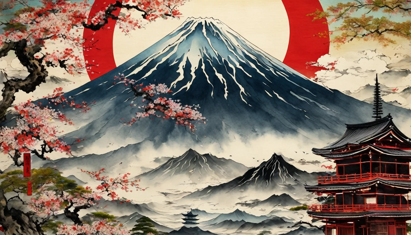 A fusion of watercolor and oil painting, A fusion of paper cutting and shadow art, Mix of Japanese paintings, Ukiyo-e and woodblock prints, Mixing monochrome and color, Conceptual installation art, nice (Helmet, armor, armor), warrior, armor, Japanese sword, backward, (Super detailed, The absolute solution, Highest quality:1.3), 2.5D, delicate and dynamic, artistic, Hyper, Graphics CG Digital Art, The background is old Japanese paper with a rainbow pattern.,Hinomaru and Mt. Fuji