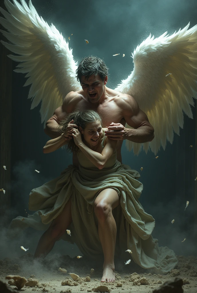 A man tearing off an angel's wings