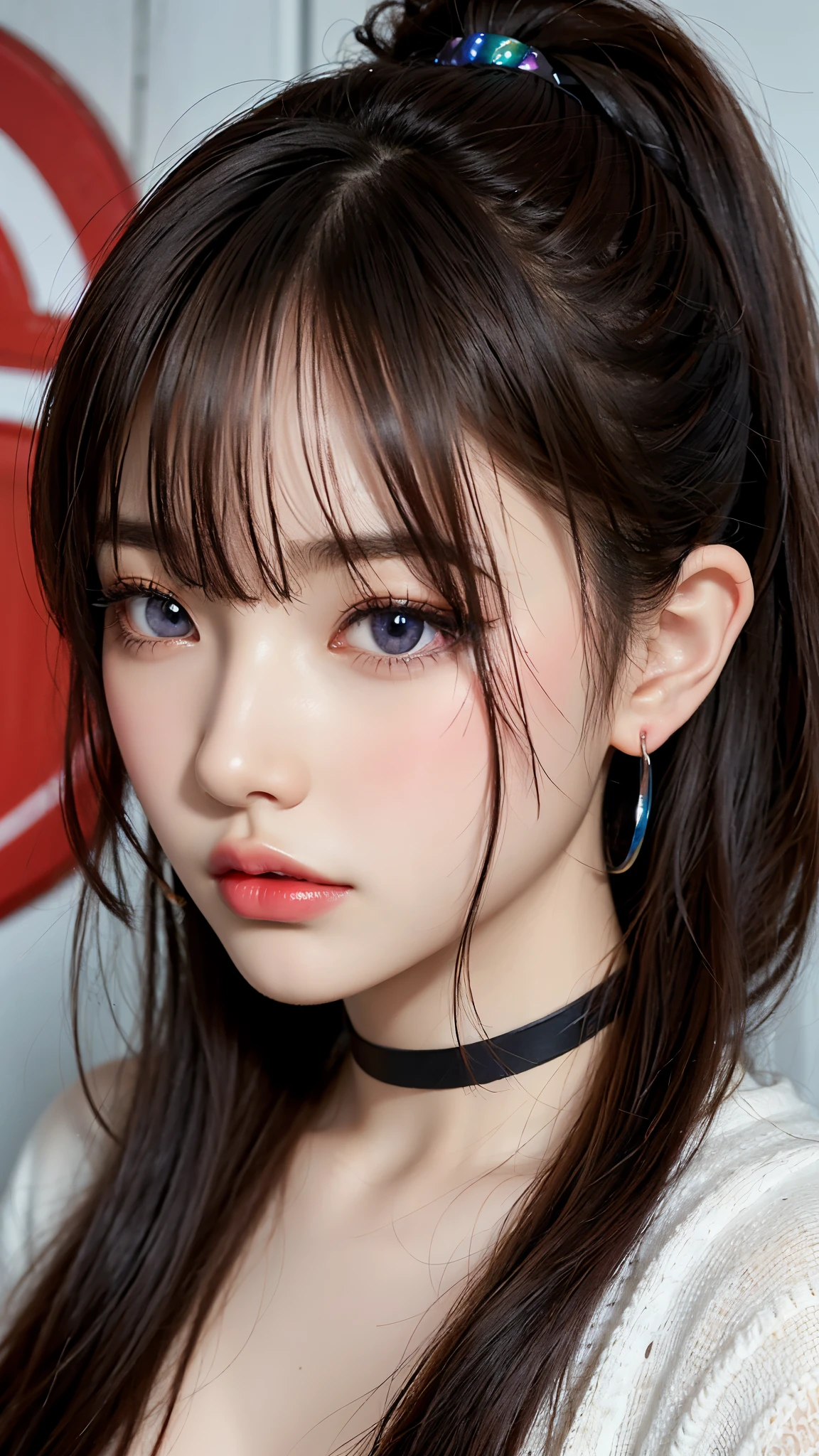 Hair above one eye, Red eyes, Clear Eyes, choker, Open jacket, Against the wall,Tire graffiti, Shineing tattoos, Shine, Neon Light, Black light,Anime Style, movie portrait photography, 1 female, 22 years ago, Whole Body Ezbian,Blue Eyes Background, Big and ample breasts, anger, (Scarlet Hair), Long Hair, Purple eyes, Wearing a short black dress, (Natural skin texture Sharp details, Surreal, (Realistic eyes, Natural skin texture, Realistic facial details), Soft and dramatic lighting, Written boundary depth, Bokeh, Sharp details, Surreal, 35mm movie, Blurred, movie,lipstick, ear piercing, eye shadow, Hoop Earrings, Red pink lips, Multicolored Red eyes, Purple Theme,Wear an iridescent aura,Beautiful Eyes,Standing in front of the red gate、Bold Pose、Strike a Pose,Top ponytail,drooping bangs,sit