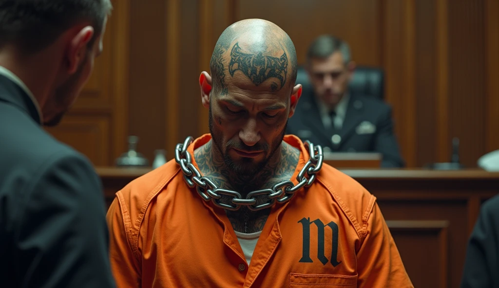 Create an image of a man in an orange prison outfit, bald and tattooed all over his neck with a very large M on his forehead, standing up being sentenced with very thick chains around his neck held by the police officer.
