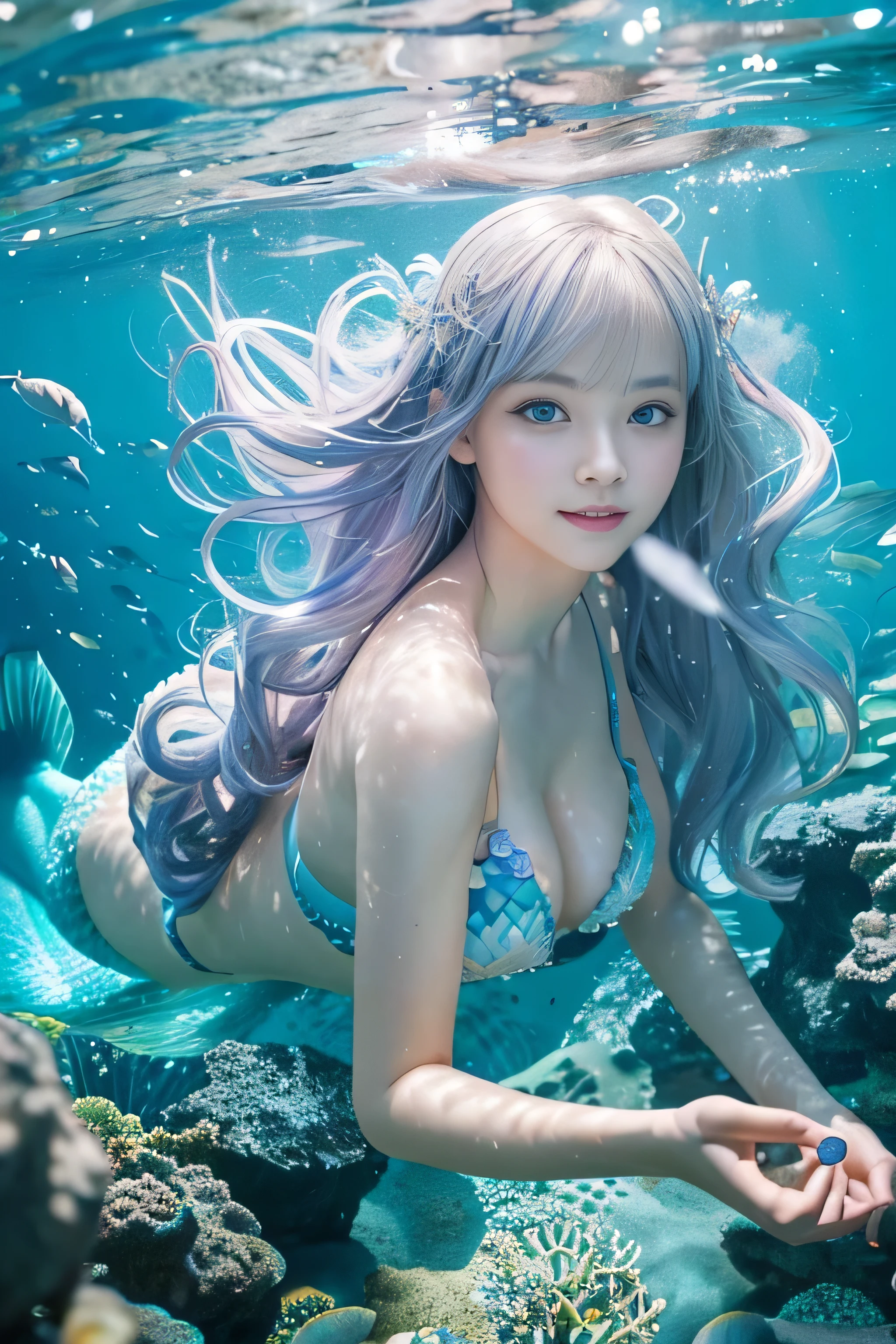 8k.A half Russian, half Japanese person enjoying freedom in the water、Mermaid Twins、Two people、With my mermaid friends、人魚のPRİNCESS、Swimming underwater with a dynamic movement like a mermaid、Enjoy swimming with dolphins、many schools of fish、Large Group、Russian face、beautiful girl、PRİNCESS、、Small face、Young face、Big eyes、Skinny、Small breasts、（（（Silver Hair、Silver Hair）））、With bangs、（（（High resolution big beautiful light blue eyes, ）））、Shortcuts、Bobcut、Shell hair ornament、Ultra Micro Bikini、smile、「It depicts the beautiful beauty of swimming in 透き通った水。She moved freely in the water..、Enjoy the free movement of a mermaid underwater.、It seems as though he is enjoying the presence of the mysterious mermaid.......、Mermaid Twins、Two people、With my mermaid friends