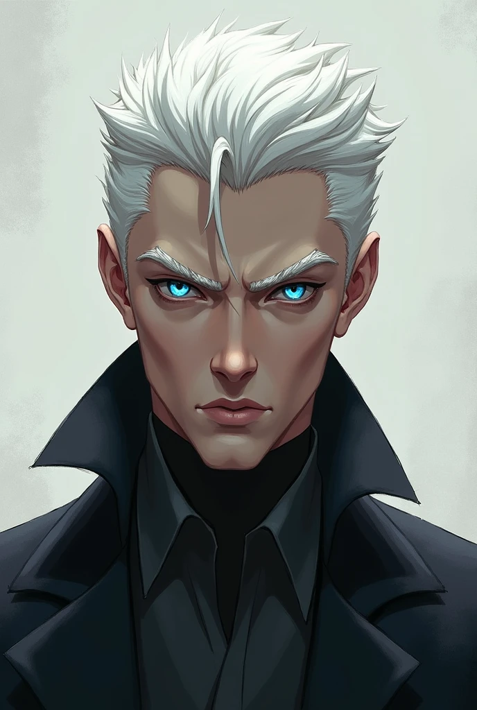 Eyes blue hair white amd short tall man
