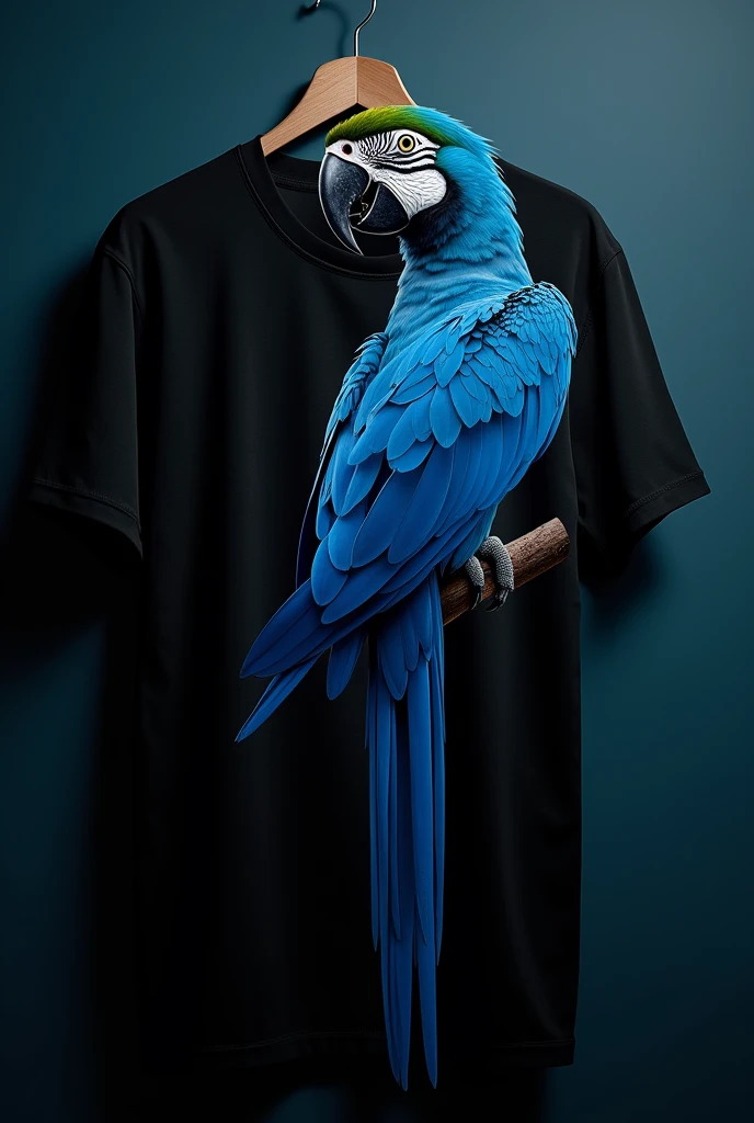 Black interclass shirt, with a blue macaw in dark blue, leave it really cool