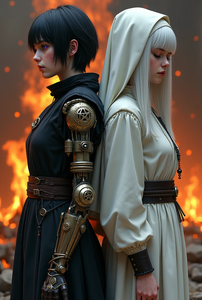 Two pale girls from the middle ages, back to back, the left with violet eye, short black hair, black alchemist robes with technology, cut on the face,  from left with steampunk robotic left arm, with pentagram and dagger, with a look of suffering, right with white nun clothes, long white hair, eyes closed holding a rosary, with a bonfire execution in the background