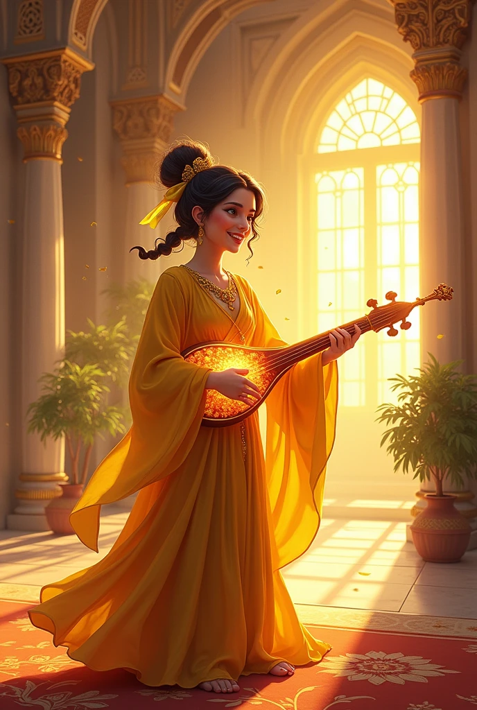 rpg artsyle, arabic musician fantasy bard, in yellow clothes, smiling and playing a instrument full of soft yellow light. background is a large salon with high columns, there is golden sunlight hitting the columns