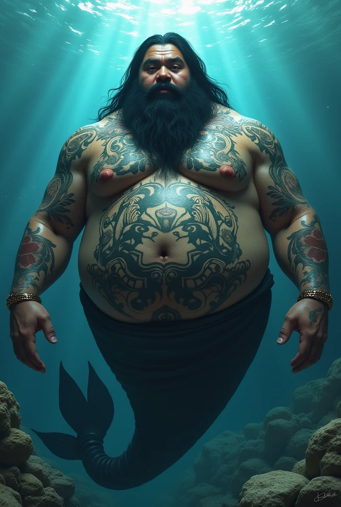 Mermaid man, big and chubby, black, black hair and long black beard, with naval tattoos