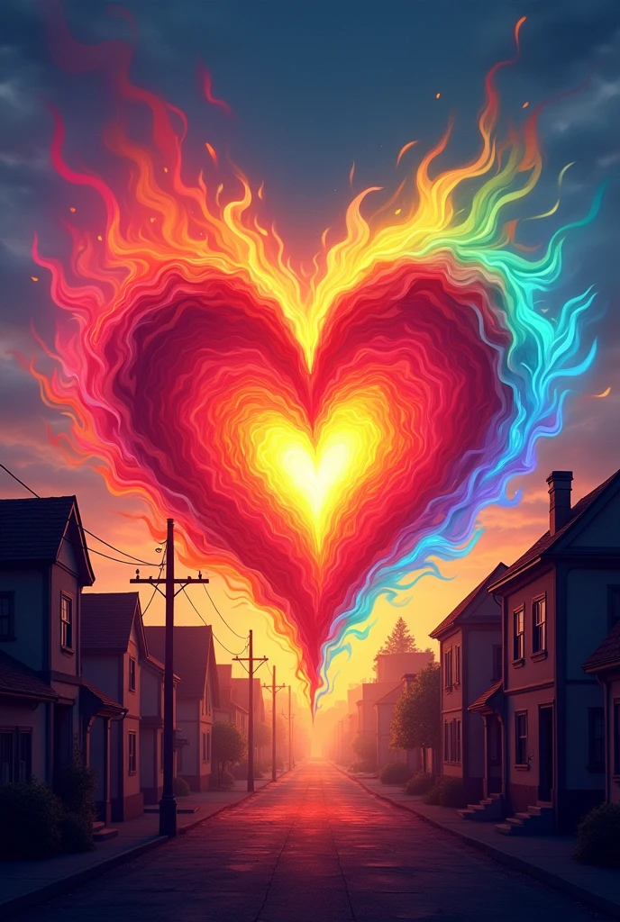 A cover that features a heart in the center, ablaze with the colors of the rainbow. The background is a small town in silhouette, standing out against the colored flames.