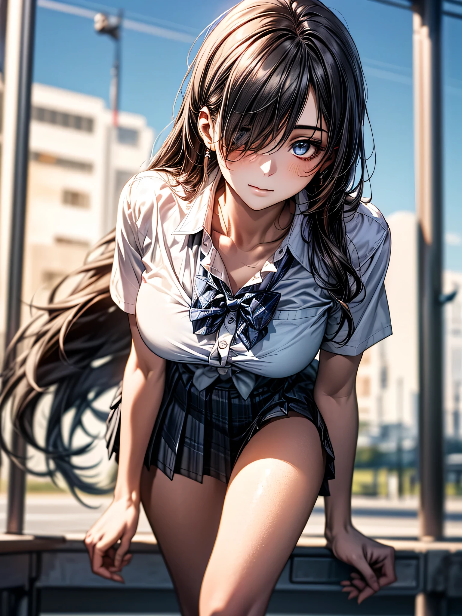 (SFW:1.5) ,Ultra high definition, High detail, Textured skin, retina, High resolution, 
(masterpiece:1.2, top-quality), (realistic, photorealistic:1.4), beautiful illustration, 
looking at viewer, full body, front view:0.6, 
1 girl, japanese, high school girl, (long hair:1.5), blown hair, (side ponytail), hair over one eye, large breasts:0.8, 
beautiful hair, beautiful face, beautiful detailed eyes, beautiful clavicle, beautiful body, beautiful chest, beautiful thigh, beautiful legs, beautiful fingers, 
(beautiful scenery), School zone
((collared short sleeve shirt, white shirt, , grey plaid pleated skirt, blue plaid bow tie)), open chest shirt、(Underwear shows through the shirt:1.2)
(Are standing、slouch, grab the hem of the skirt, hands on chest, hand between leglush,(Leaning forward:1.5)(Portrait Angle)