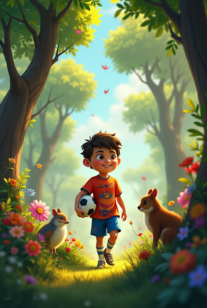  Pepito, a  with a football shirt and a ball under his arm, He enters a forest full of tall trees and colorful animals watching curiously.a lot