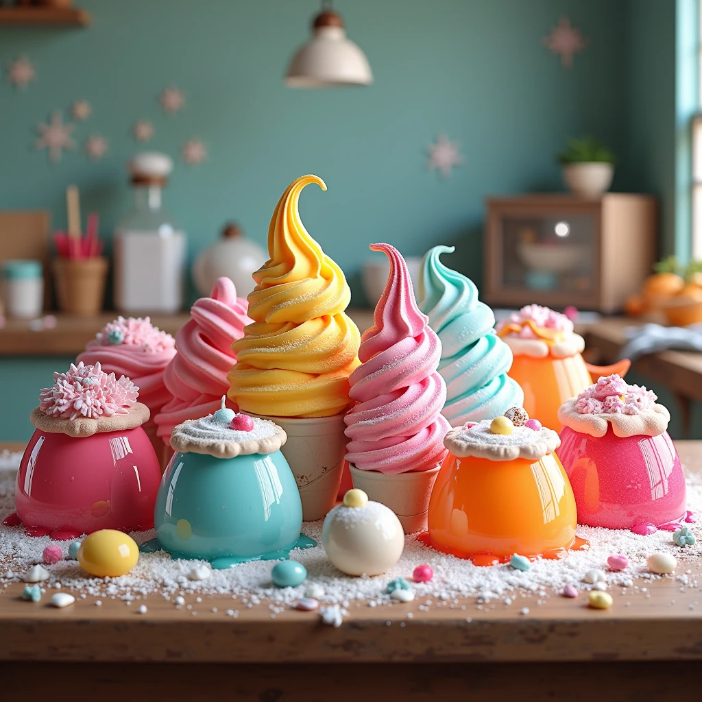 Colorful ice cream and snowballs and cups with gelatin on realistic kitchen table