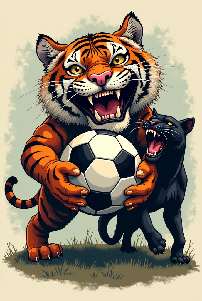 Logo of a soccer ball with an animated crazy face, holding it a tiger and a panther for schizophrenics of the goal