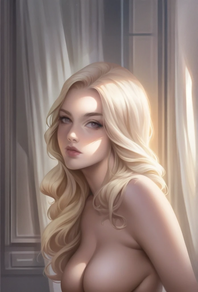An image of a tasteful and artistic depiction of a perfectly sculpted blonde woman in a ((nude)) pose. She's bathed in subtle, soft sunlight filtered through delicate lace curtains, creating a play of light and shadow on her flawless skin. Her hair cascades down her back, golden strands catching the light. The background is a vintage rose-patterned wallpaper in neutral tones for a touch of old-world elegance. Depth of field should be shallow to put the focus solely on the model while gently blurring the background. The image should have a warm tone and generous exposure to accentuate the natural light. Image is captured via a Canon EOS 5D Mark IV with a 50 mm prime lens, with an aperture of f/1.2. Professional editing to enhance the sharpness, reduce noise, and adjust the color temperature to warmer hues, long blonde hair, (cleavage), high detail, film, professional, highly detailed, realistic, photorealistic, RAW photo, canon 5d, perfect shadows, natural color, realistic, photorealistic, relaxed, detailed skin, textured skin, intricate details, natural pose, natural eyes, natural pose, perfect fingernails,