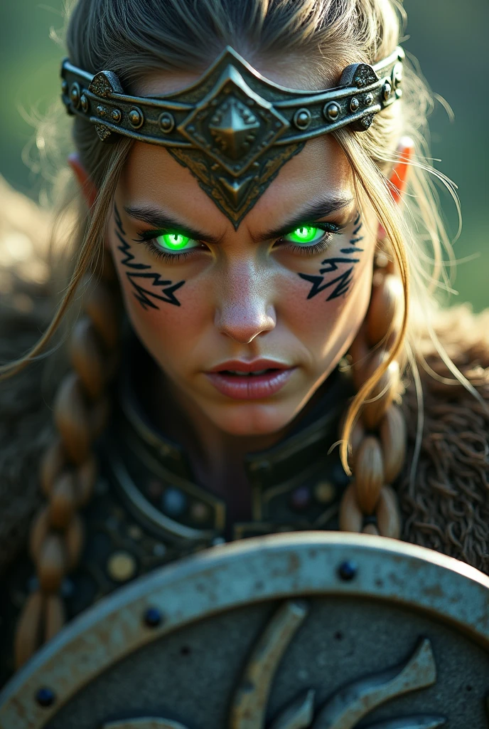 Close up face beautiful viking woman, odin's shield in hand , bright green light in the eyes, crown of the goddess freya , tribal design on the eyes, Angry, bone ornaments on the neck, battle armor, with hate, focused