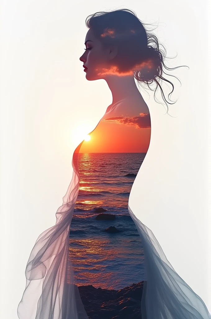 high quality, 8K Ultra HD, A beautiful double exposure that combines an goddess silhouette with sunset coast, sunset coast should serve as the underlying backdrop, with its details incorporated into the goddess , crisp lines, The background is monochrome, sharp focus, double exposure, by yukisakura, awesome full color,