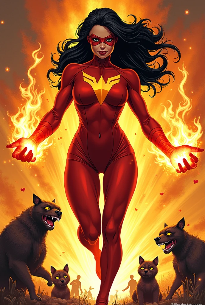 create a comic book cover that has a superhero on it, the superheroine has her red and orange outfit, black hair with red highlights, wear a mask, has the power to put out fires with his hands as if it were a fire extinguisher and is saving a frightened  and some burned animals, and the cover looks like the one in Captain America comics