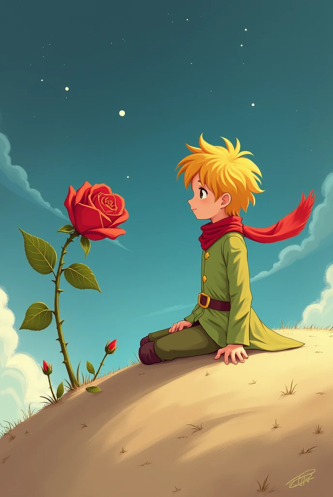 The prince is sitting next to the rose and waiting