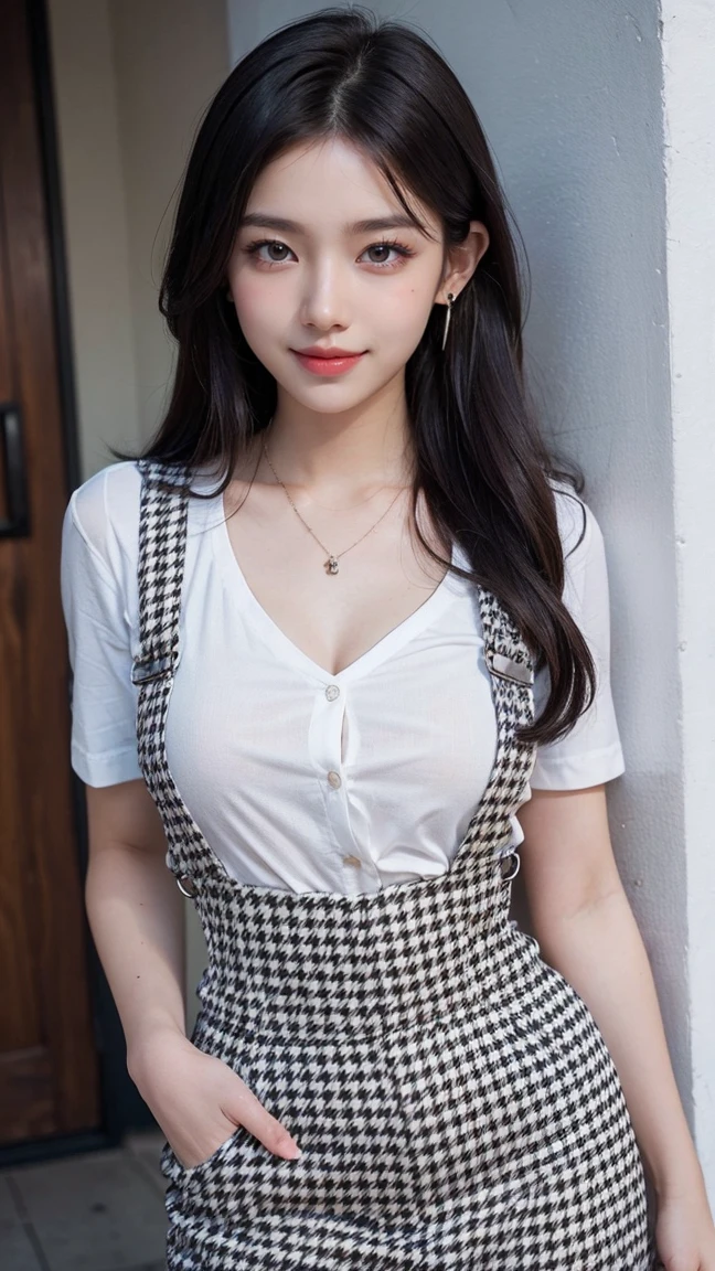 Top-quality Realistic,Unity,8k wallpaper,Official art,Highly detailed CG Unity 8k wallpaper,ultra-detailliert,hight resolution,Physically-based rendering,ultra detailliert,Magnificat,finely detail,masterpiece,Best Quality,ultra-detailliert ,ultra detailed,Mature beauty,Beautiful girl,1girl,moist lips,sexy lips,Sexy smile,Gentle smile, 18 years old, Beautiful bare skin,Smooth bare skin, big well-shaped breasts,beautiful cleavage, swept bangs,(medium hair:1.3), beautiful detailed eye model shoot style,Japanese Idol,beautiful girl,Half-body,Beautiful girl,Model photo shoot,standing position,(A natural park where wisteria flowers are blooming beautifully),BREAK,(Houndstooth overalls skirt with white shirt:1.3),BREAK,model pose,cute smile,standing model pose,by the wisteria flowers,shoot from above,standing on stone steps and legs open,