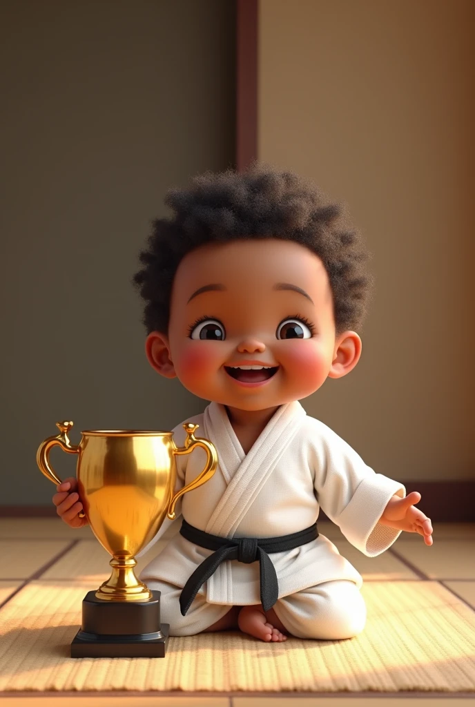 Create an image of a chubby black ,  wearing a white kimono and black belt on a tatami smiling and next to his golden trophy happy with the victory 