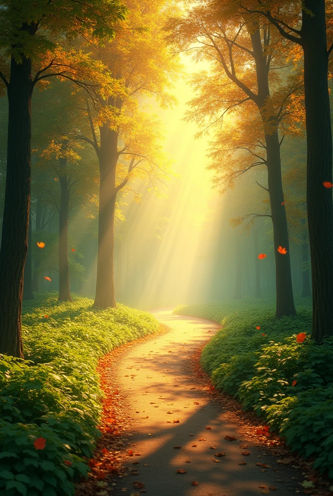 A sunlit forest path, symbolizing the journey of self-knowledge, with leaves falling around.
