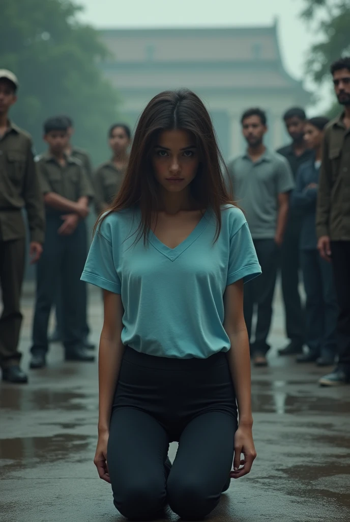 Brunette wearing a light blue t shirt and black yoga pants publicly knelt as she is executed