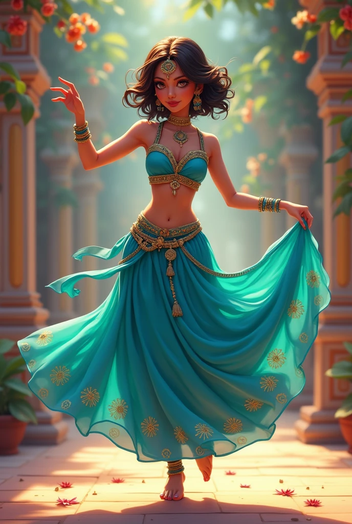 ((art animation 2D)) 20 year old woman with short wavy brown hair with dark blue dyed tips, with blue skin, Brown eyes, with good body, wearing a turquoise colored indian ballerina costume, dancing