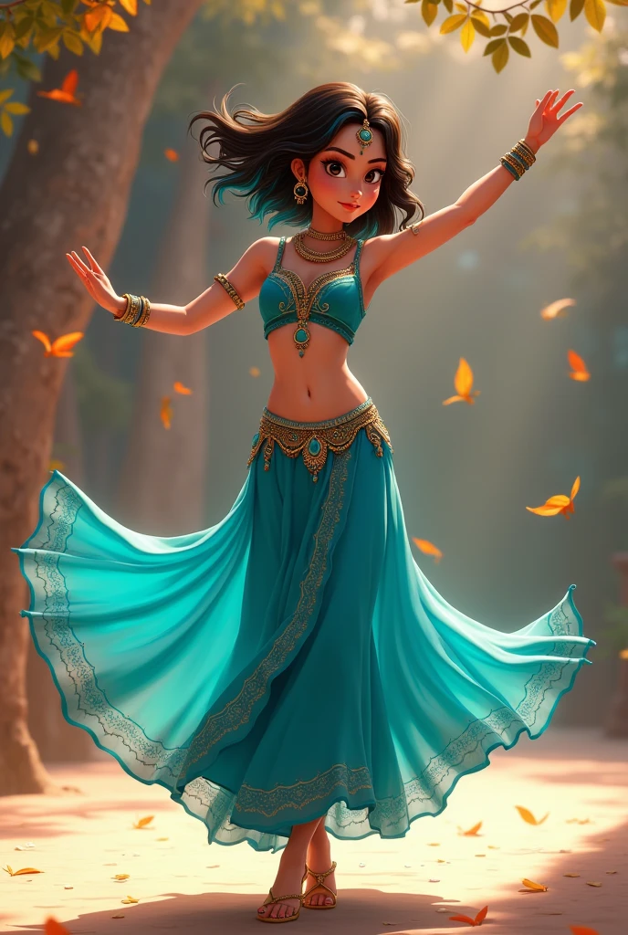 ((art animation 2D)) 20 year old woman with short wavy brown hair with dark blue dyed tips, with blue skin, Brown eyes, with good body, wearing a turquoise colored indian ballerina costume, dancing