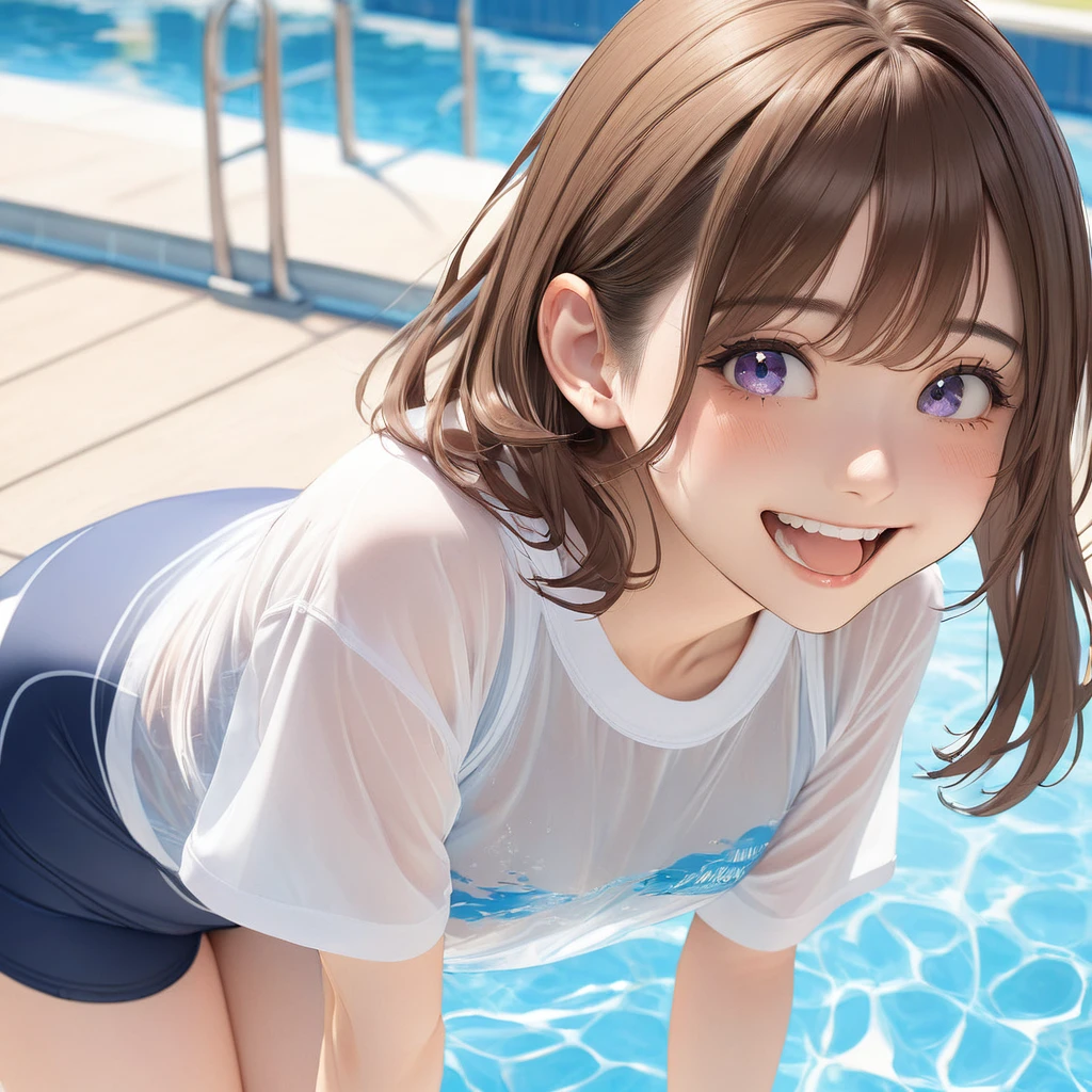 (masterpiece, best quality:1.2), 1girl, solo brown hair、Rounding short、Side Up、Detailed Eyes、Skin Texture、Open your mouth a little、smile、Transparency、School Swimsuit、T-Shirts、Poolside、