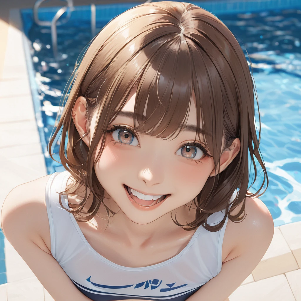 (masterpiece, best quality:1.2), 1girl, solo brown hair、Rounding short、Side Up、Detailed Eyes、Skin Texture、Open your mouth a little、smile、Transparency、School Swimsuit、T-Shirts、Poolside、