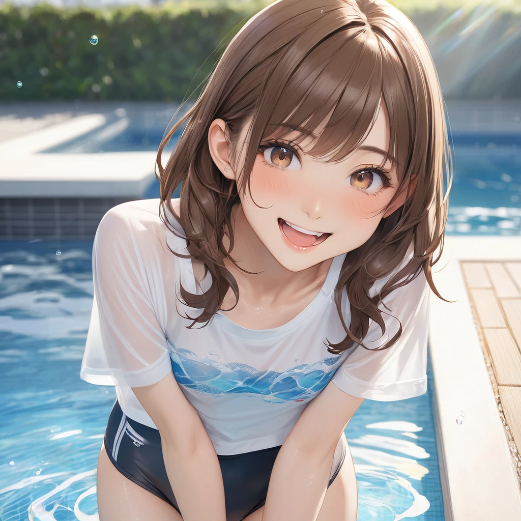 (masterpiece, best quality:1.2), 1girl, solo brown hair、Rounding short、Side Up、Detailed Eyes、Skin Texture、Open your mouth a little、smile、Transparency、School Swimsuit、T-Shirts、Poolside、