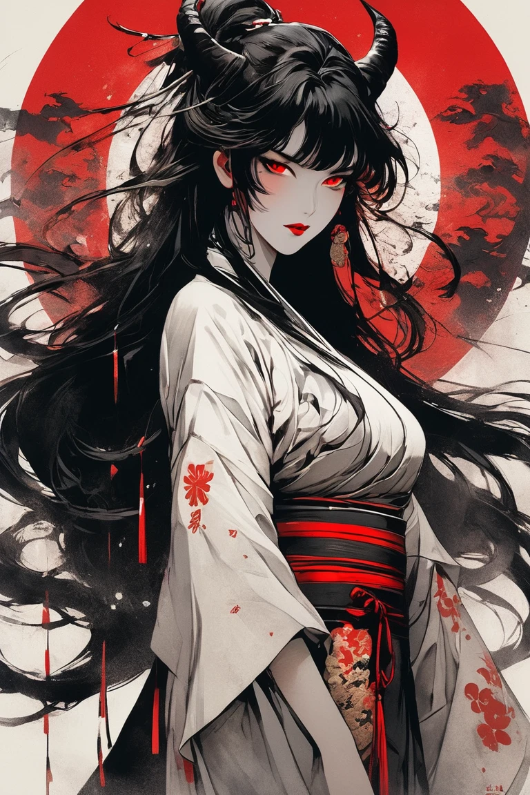 A girl with long loose black hair, crimson red eyes. Deep red lipstick, red eye shadow , very big breasts demon, geisha clothes , big breasts, ((arms behind back)), 